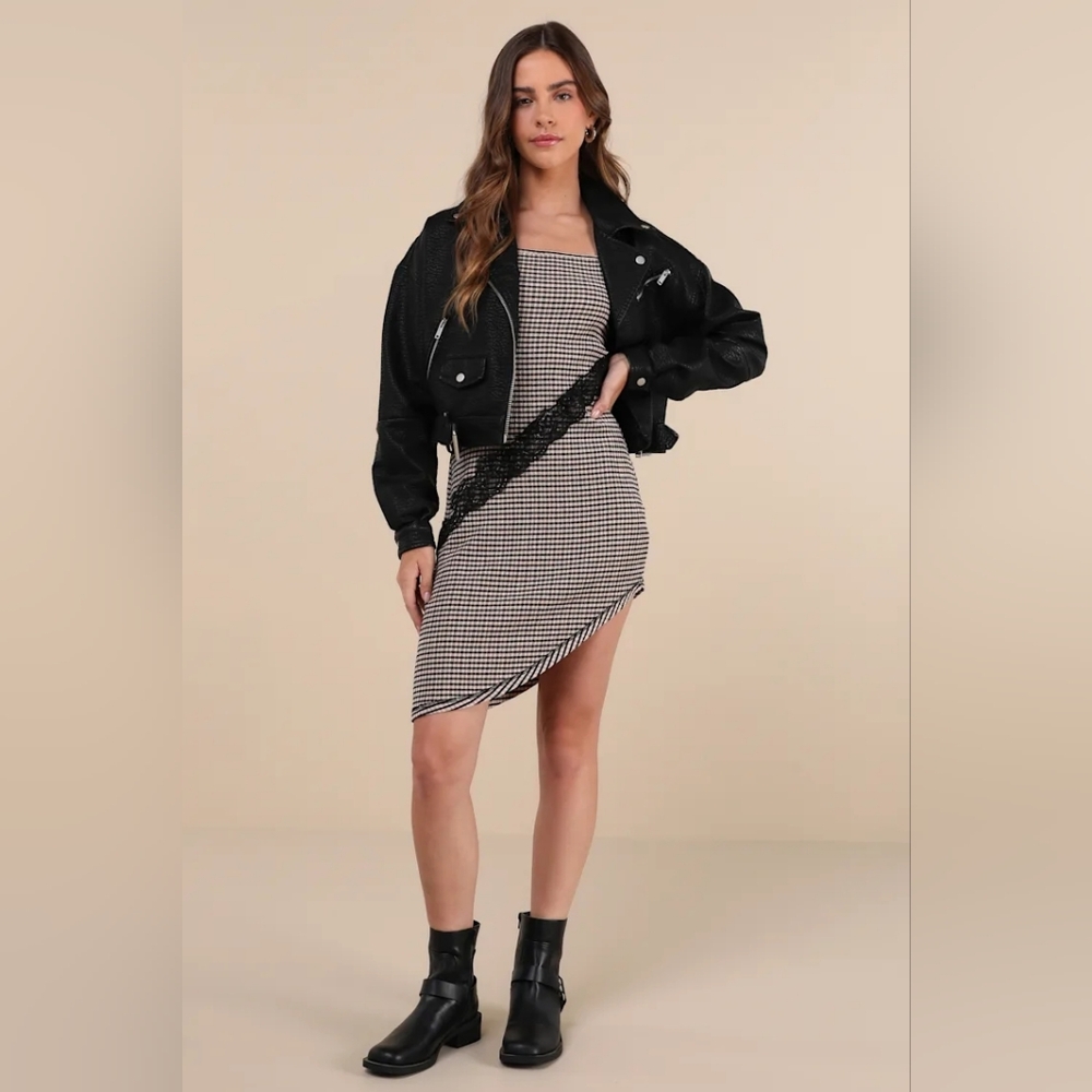 NWT!LULUS Daisy Street Edgy holiday Beige Black Gingham Asymmetrical Mini Dress